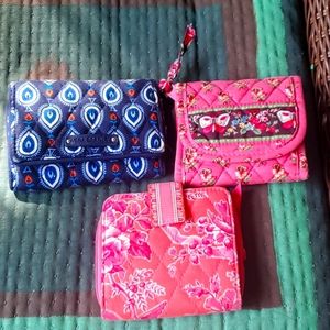 Three Vera Bradley Wallets, one navy pattern and 2 pink pattern